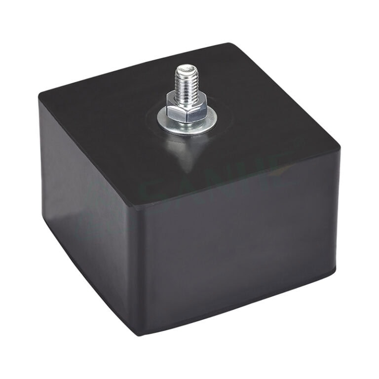 Black anti-vibration mount with metal threaded bolt for HVAC machinery support and noise reduction.