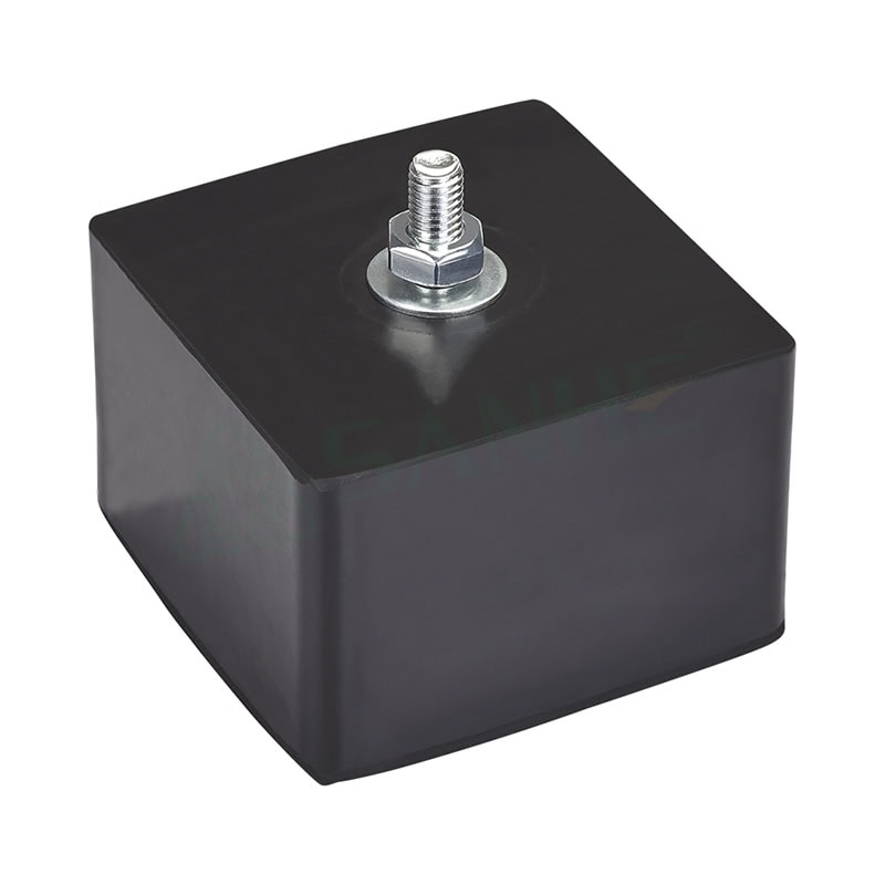 Black anti-vibration mount with metal threaded bolt for HVAC machinery support and noise reduction.