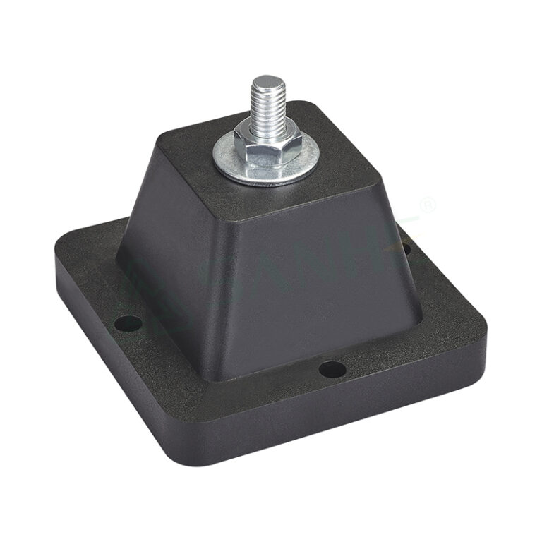 Heavy-duty anti-vibration mount with rubber base and metal bolt for HVAC machinery stabilization and noise reduction.
