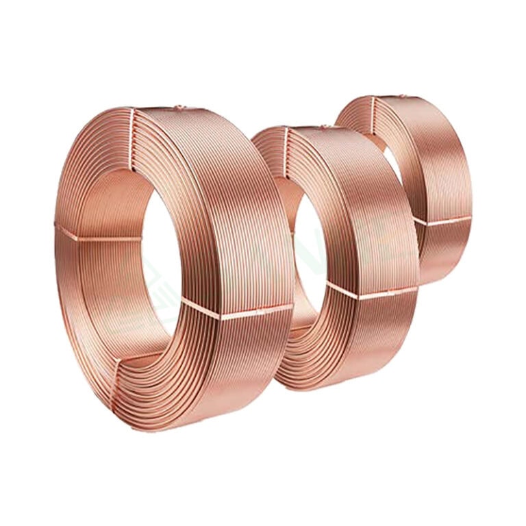 Close-up of copper tube coils, neatly wound and shiny, used in HVAC systems for efficient heat transfer and refrigeration.