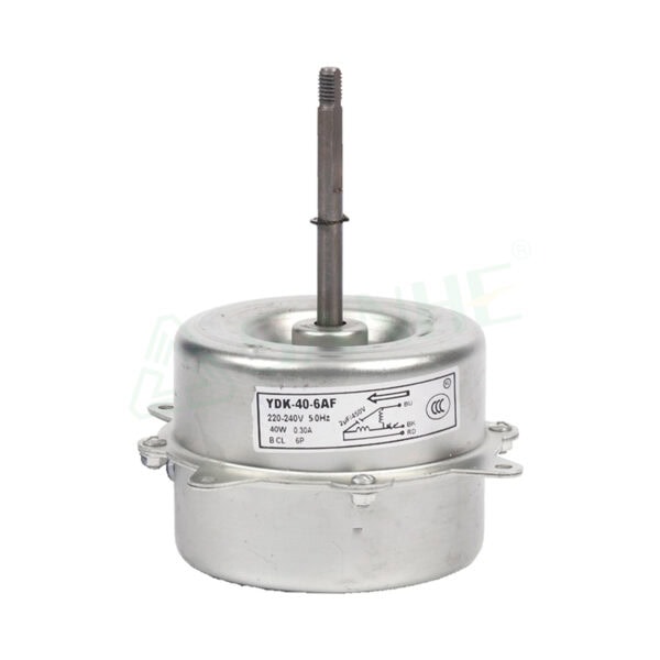 YDK40-6AF iron shell motor designed for HVAC systems, featuring a durable metal casing and a central shaft for efficient operation.