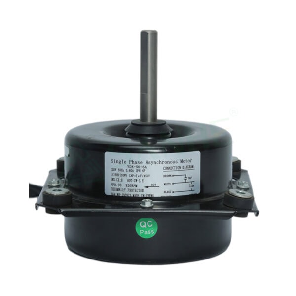 YDK50-6A iron shell motor used in HVAC applications, single-phase asynchronous motor with connection diagram and specifications.