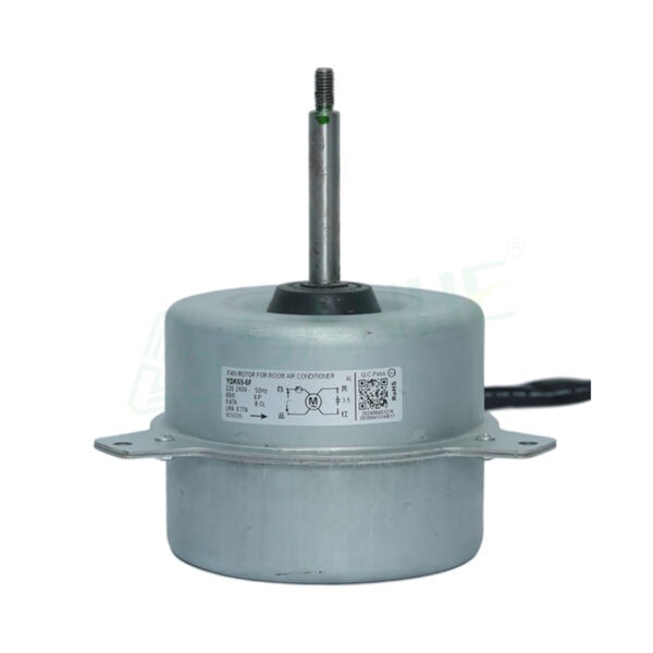YDK65-6F Iron Shell Motor used in HVAC systems, featuring a sturdy metal casing and a vertical shaft for motor operation.