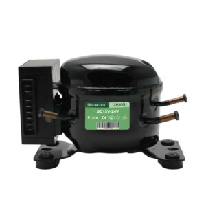 SUMCOOL ZH30G refrigerator compressor for R134a refrigerant, 12V-24V DC, with mounting base and electrical connections.