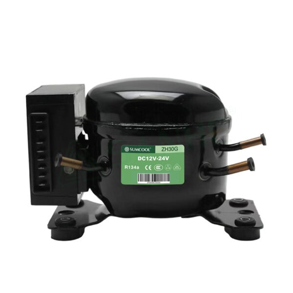 SUMCOOL ZH30G refrigerator compressor for R134a refrigerant, 12V-24V DC, with mounting base and electrical connections.