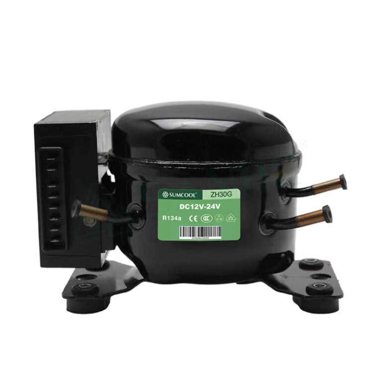SUMCOOL ZH30G refrigerator compressor for R134a refrigerant, 12V-24V DC, with mounting base and electrical connections.