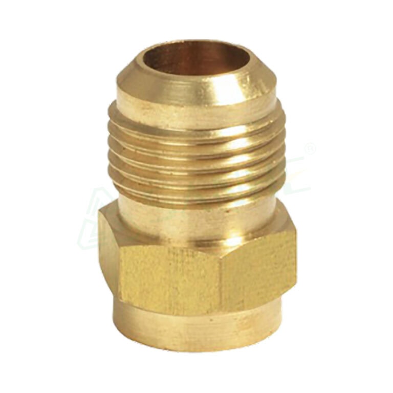 Close-up of a brass fitting used in plumbing, featuring threaded design and hexagonal base for easy installation.