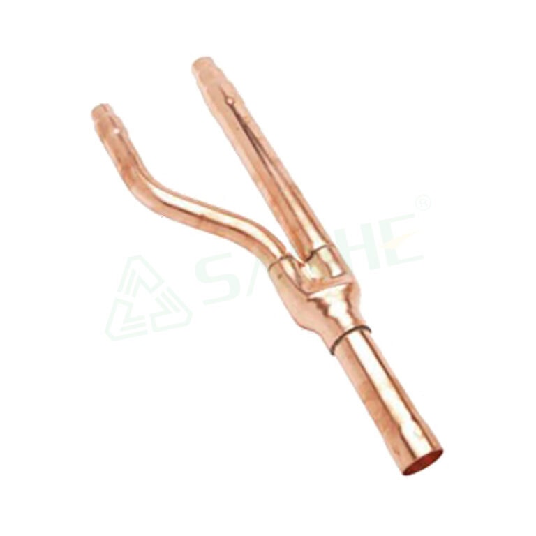 Copper pipe fitting used in HVAC systems, featuring a bent and straight section for connecting refrigerant lines.