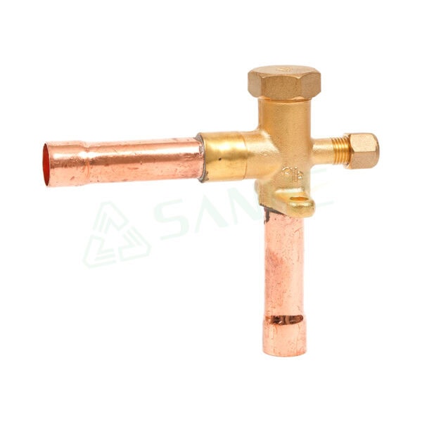 Close-up of a brass and copper HVAC refrigerant valve used in heating, ventilation, and air conditioning systems.