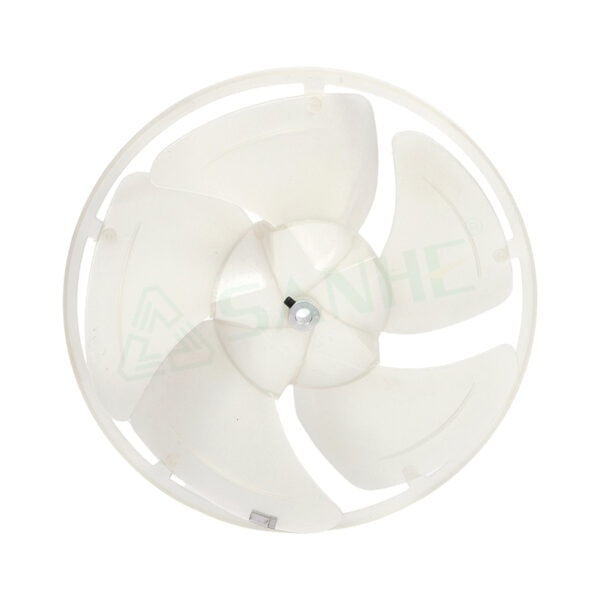 Close-up of a white HVAC fan blade used in heating, ventilation, and air conditioning systems for efficient air circulation.