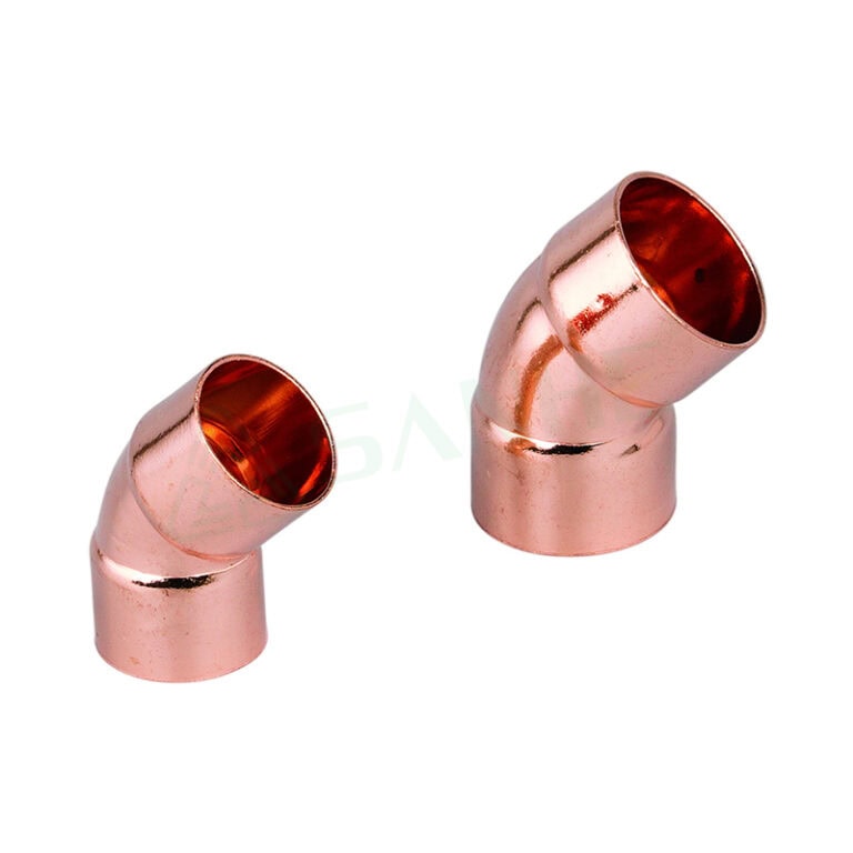 Two copper 45-degree elbow fittings for plumbing, used to connect pipes at an angle in HVAC systems.
