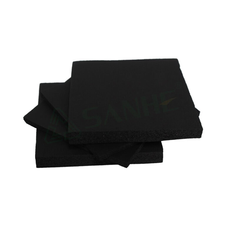 Black insulation sheets stacked, ideal for HVAC and building insulation, providing thermal and soundproofing solutions.