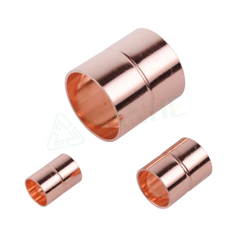 Three copper fittings, including a large and two smaller rolled stop couplings, used for plumbing and HVAC systems.