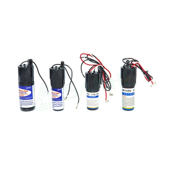 Collection of motor capacitors used in HVAC systems, including start and run capacitors with wiring for easy installation and maintenance.