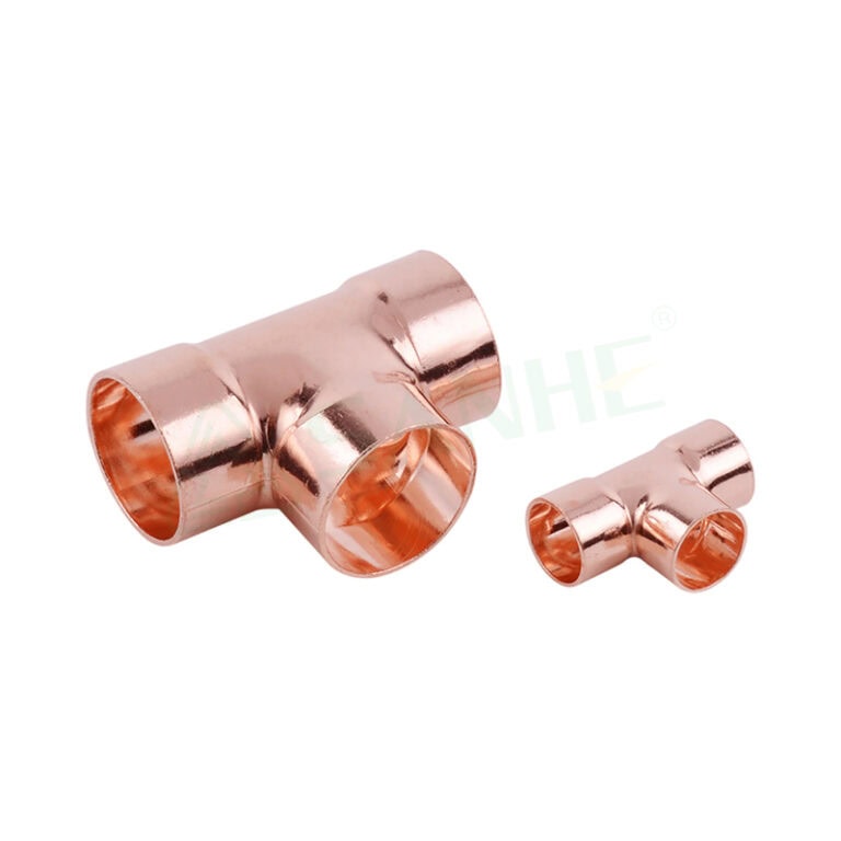 Copper T-joint pipe fitting used in HVAC systems for connecting three pipes securely.