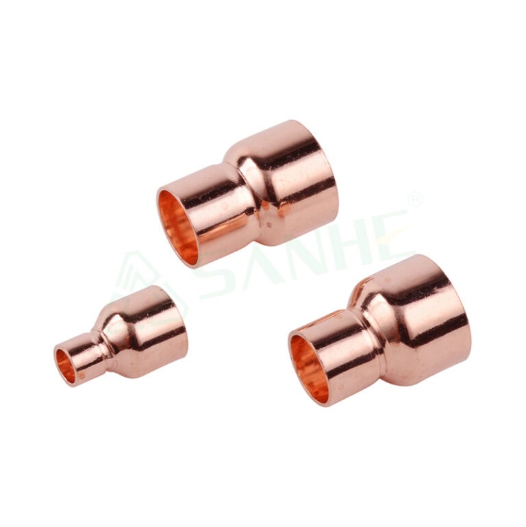 Three copper pipe fittings of different sizes used in HVAC and refrigeration systems, with a polished finish and smooth surface.